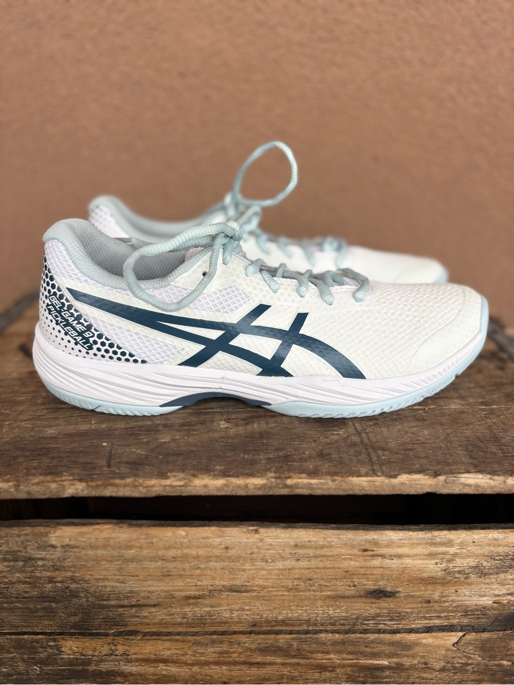 ASICS Gel Game 9 Pickleball Shoe in White/Vintage Indigo Colorway